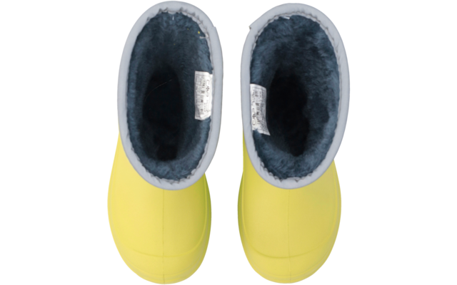 Zwei gelbe Gummistiefel von oben, mit dunkelgrauem flauschigem Futter und weißen Innenetiketten