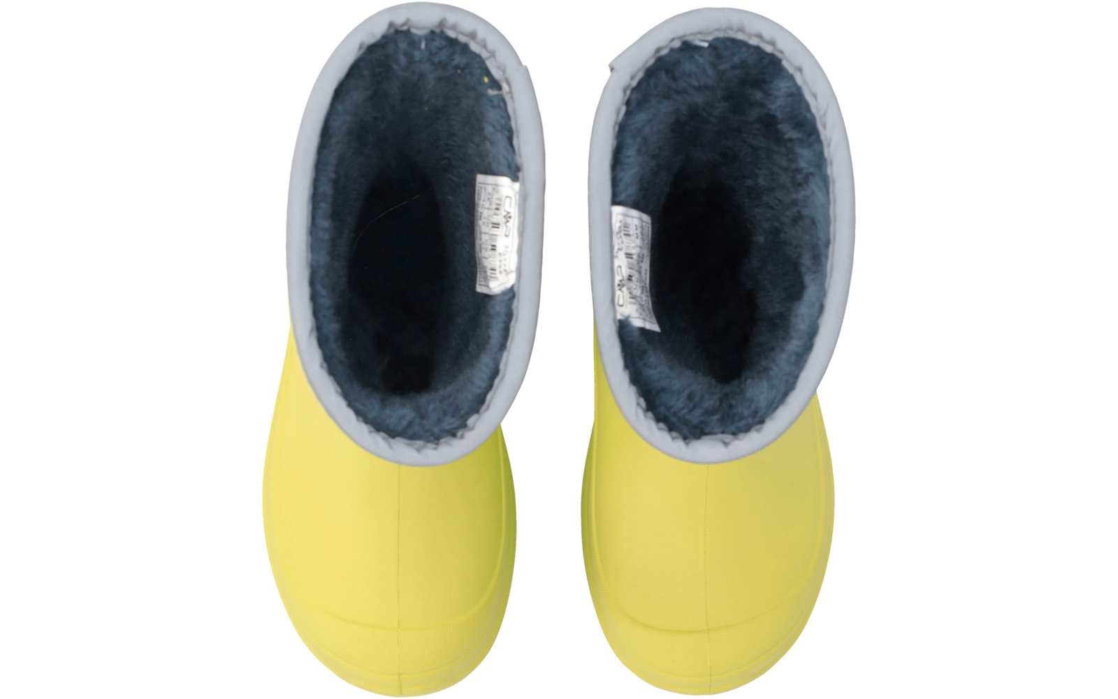 Zwei gelbe Gummistiefel von oben, mit dunkelgrauem flauschigem Futter und weißen Innenetiketten