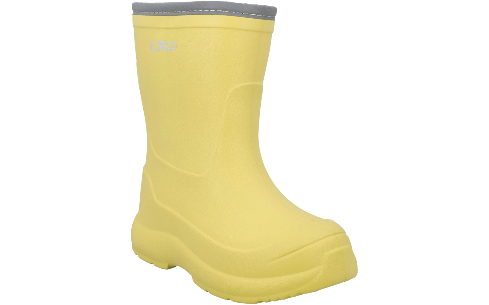 Gelber Gummistiefel mit grauem Abschluss und weißem CMP-Logo, einzelner Stiefel auf weißem Hintergrund
