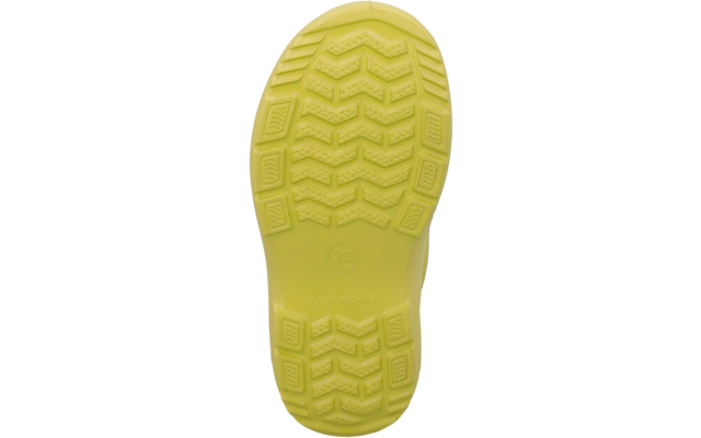 Gelbe Schuhsohle mit Profil, Größenangabe "28" und Prägung "MADE IN CHINA"
