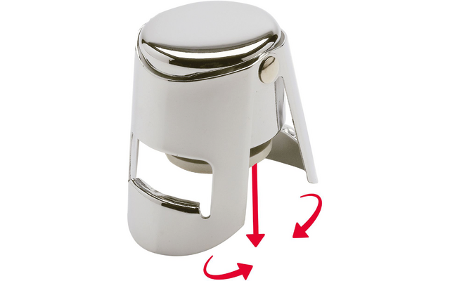 Objet métallique argenté et brillant avec dessus arrondi et trois supports inclinés ; flèches rouges vers le bas et courbées en dessous sur fond blanc