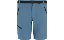 Short bleu, vue de face, deux poches avant obliques zippées, petite poche sur la cuisse gauche avec bordure noire, ceinture noire cousue