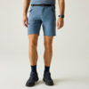 Unterkörper einer Person von der Hüfte bis zu den Füßen, blaue Outdoor-Shorts mit sichtbaren Reißverschlusstaschen und Gürtel, dunkle Socken, dunkle Wanderschuhe, Armbanduhr am linken Handgelenk, heller einfarbiger Hintergrund