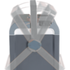 Dispositivo rettangolare grigio-blu con quattro pale trasparenti in rotazione, maniglia superiore e fessure di ventilazione sul lato