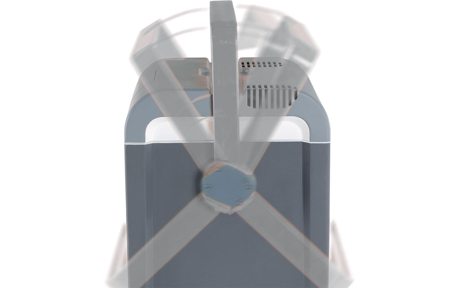 Dispositivo rettangolare grigio-blu con quattro pale trasparenti in rotazione, maniglia superiore e fessure di ventilazione sul lato
