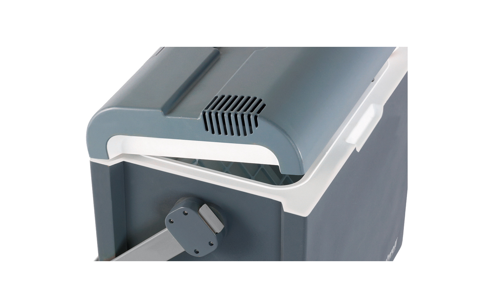 Contenitore rettangolare in plastica grigio e bianco con coperchio, fessure di aerazione sul bordo superiore e maniglia laterale rotonda