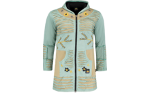 Lichtgroene cardigan met gele en zwarte borduursels, knoopsluiting en lange mouwen