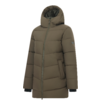 Cappotto lungo trapuntato con cappuccio color verde oliva, cerniera frontale lunga, tasche laterali oblique, polsini interni neri e piccolo patch logo sulla parte alta della manica sinistra