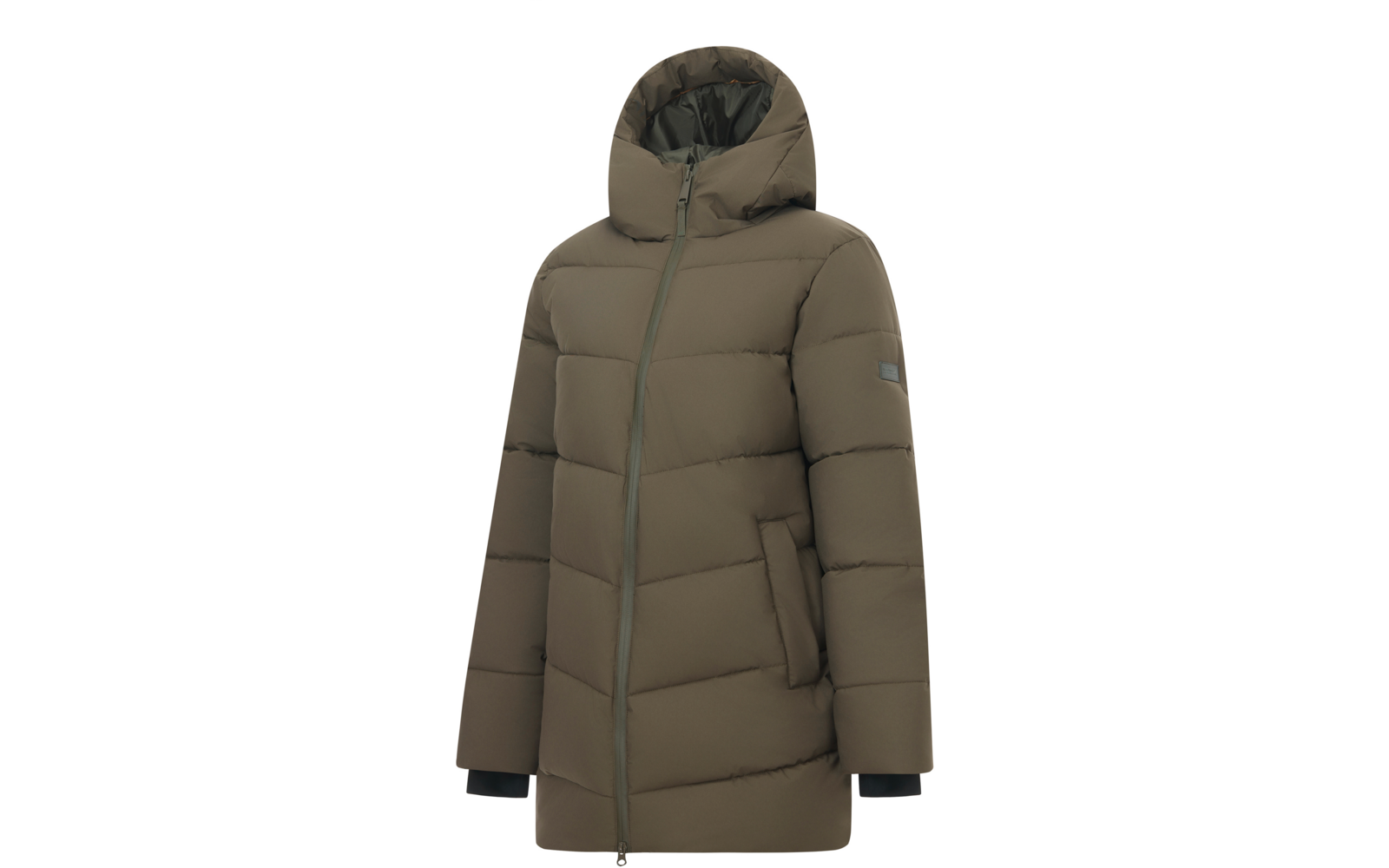Cappotto lungo trapuntato con cappuccio color verde oliva, cerniera frontale lunga, tasche laterali oblique, polsini interni neri e piccolo patch logo sulla parte alta della manica sinistra