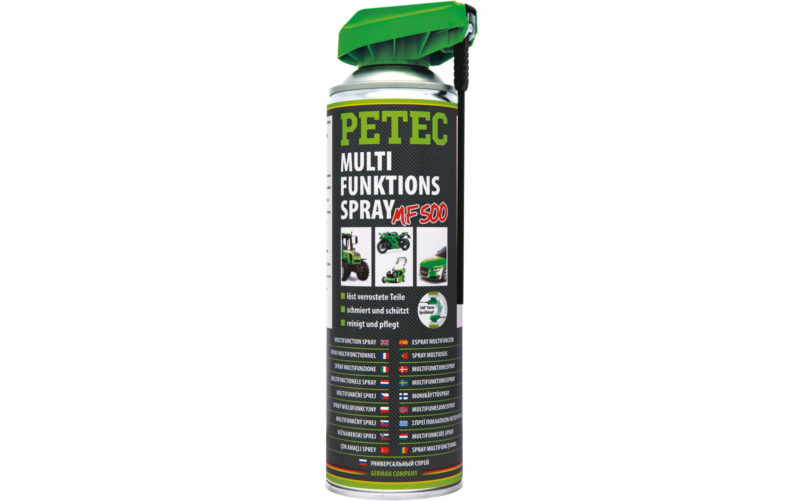 Spraydose mit Aufschrift 'PETEC MULTI FUNKTIONS SPRAY MF-500', grüne Kappe und angebrachtes schwarzes Kunststoffröhrchen, Etikett mit kleinen Piktogrammen