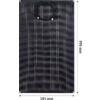 Schwarzes rechteckiges Solarpanel mit Zellraster, vier Eckbefestigungsbohrungen, oben mittig aufgewickeltes schwarzes Anschlusskabel mit Steckern, Maßangaben 585 mm (Breite) und 990 mm (Höhe) mit Pfeilen