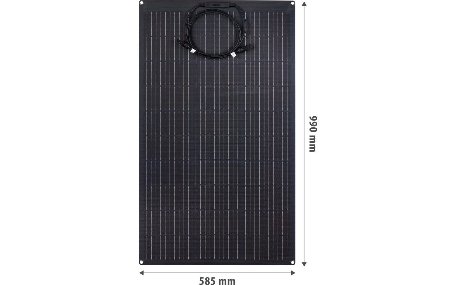 Schwarzes rechteckiges Solarpanel mit Zellraster, vier Eckbefestigungsbohrungen, oben mittig aufgewickeltes schwarzes Anschlusskabel mit Steckern, Maßangaben 585 mm (Breite) und 990 mm (Höhe) mit Pfeilen