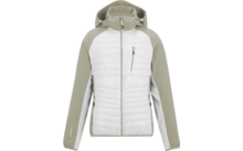 Weißes gesteppte Vorderteil Jacke mit khaki-grünen Ärmeln und Kapuze, durchgehender Reißverschluss, Brusttasche und seitliche Reißverschlusstaschen