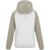 Rückenansicht einer Kapuzenjacke mit weißem, gestepptem Rückenpaneel und hellgrau-beigen Ärmeln und Kapuze, elastische Bündchen, kleines schwarzes Etikett am linken Oberarm