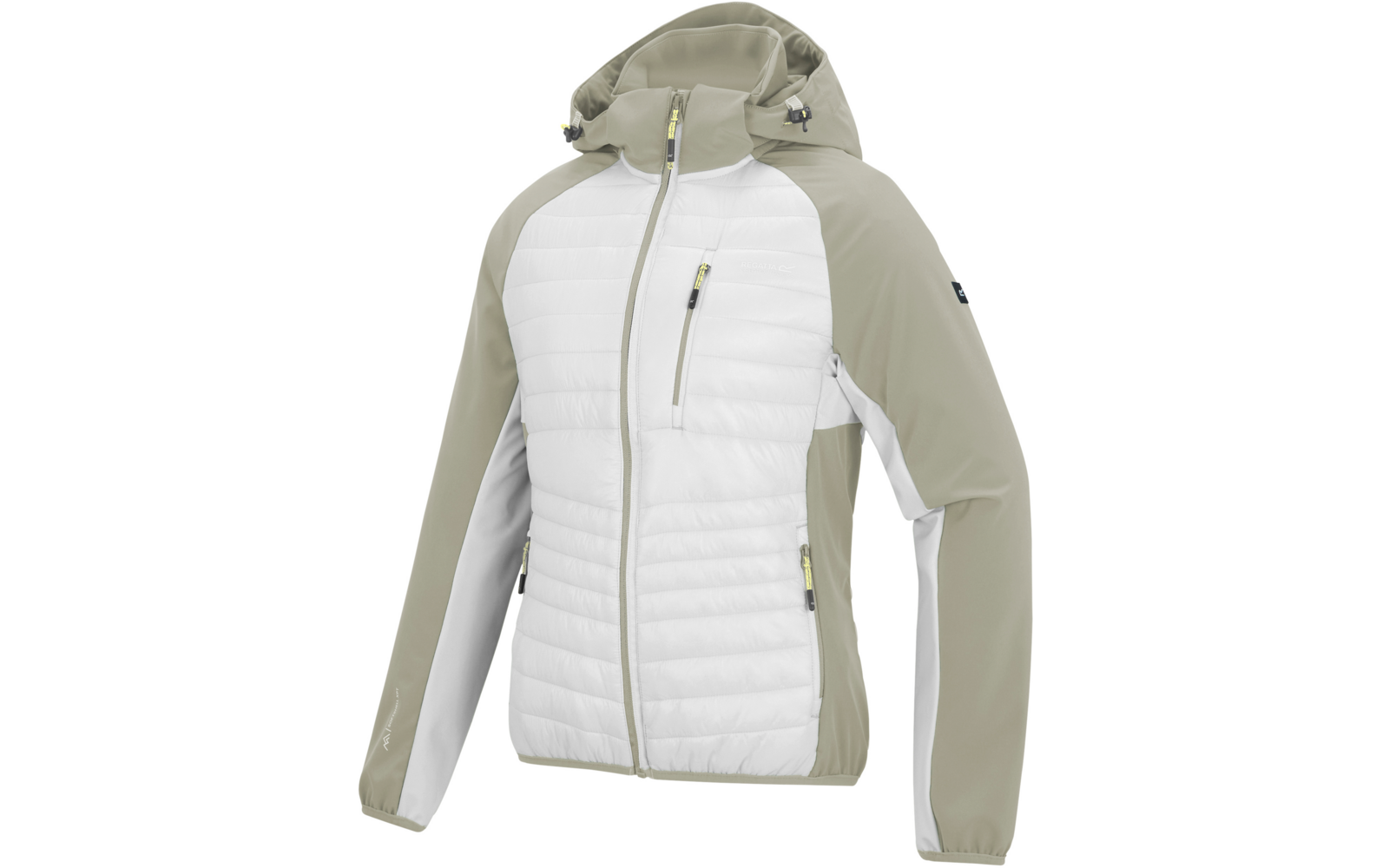 Weiß-graue gesteppte Jacke mit Kapuze, durchgehendem Reißverschluss, sichtbaren gelben Zippern, Brusttasche mit Reißverschluss und zwei seitlichen Reißverschlusstaschen