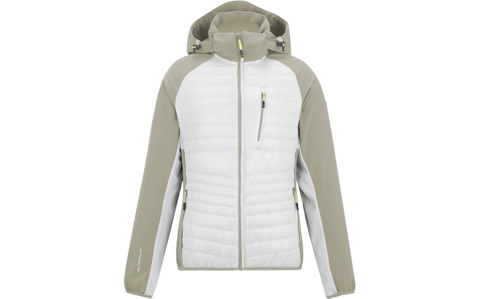 Weißes gesteppte Vorderteil Jacke mit khaki-grünen Ärmeln und Kapuze, durchgehender Reißverschluss, Brusttasche und seitliche Reißverschlusstaschen