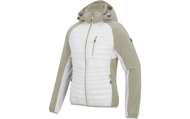 Weiß-graue gesteppte Jacke mit Kapuze, durchgehendem Reißverschluss, sichtbaren gelben Zippern, Brusttasche mit Reißverschluss und zwei seitlichen Reißverschlusstaschen