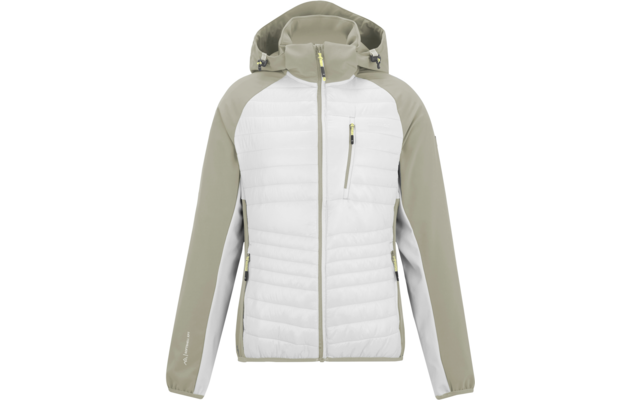 Weißes gesteppte Vorderteil Jacke mit khaki-grünen Ärmeln und Kapuze, durchgehender Reißverschluss, Brusttasche und seitliche Reißverschlusstaschen