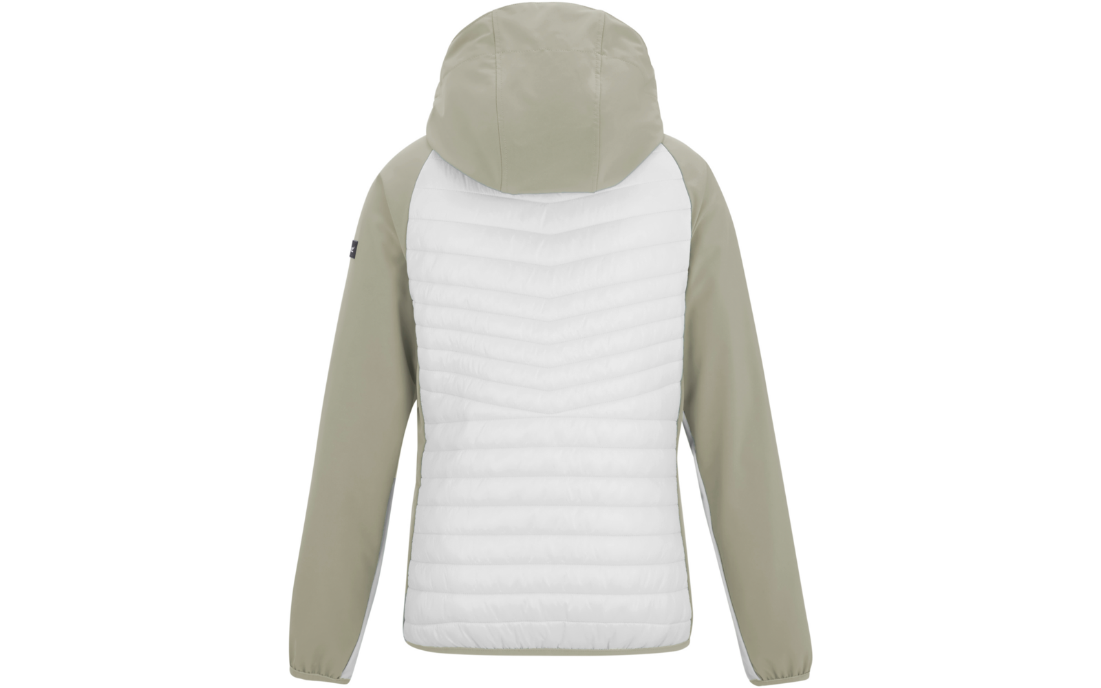 Rückenansicht einer Kapuzenjacke mit weißem, gestepptem Rückenpaneel und hellgrau-beigen Ärmeln und Kapuze, elastische Bündchen, kleines schwarzes Etikett am linken Oberarm