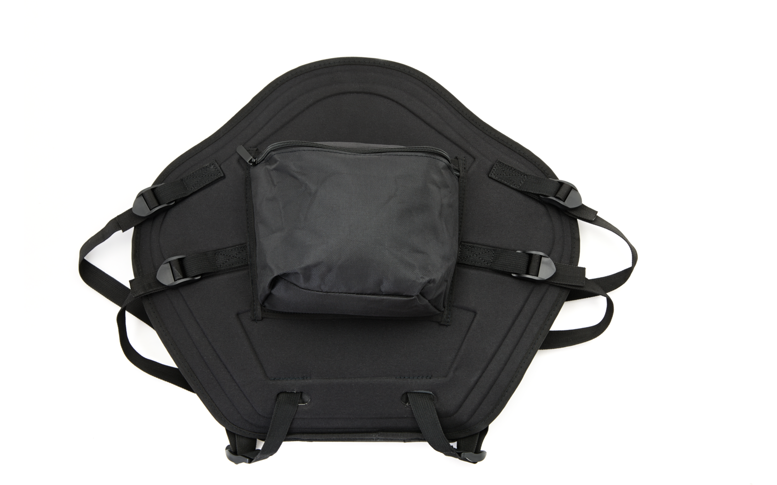 Objet rembourré noir de forme hexagonale avec une poche rectangulaire centrale à fermeture éclair et plusieurs sangles et boucles réglables sur fond blanc