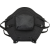 Panel acolchado negro de forma hexagonal con un bolsillo central y varias correas ajustables