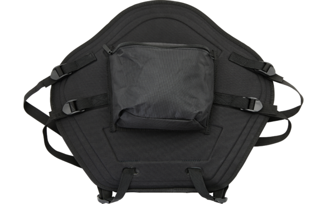Panel acolchado negro de forma hexagonal con un bolsillo central y varias correas ajustables