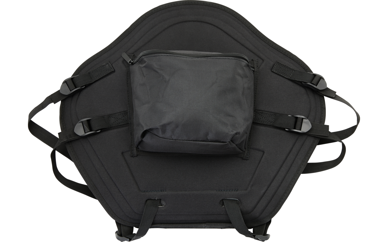 Panel acolchado negro de forma hexagonal con un bolsillo central y varias correas ajustables