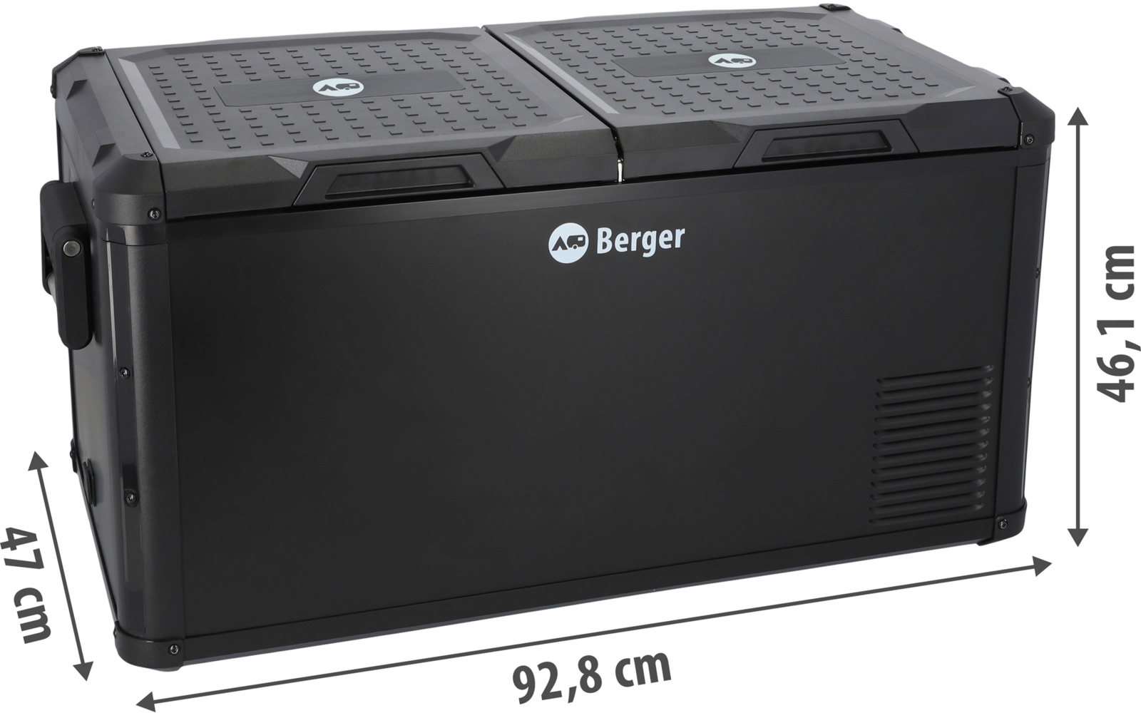 Schwarze Kühlbox mit Klappdeckel und Tragegriff, Maße 43,5 x 29,8 x 25,3 cm