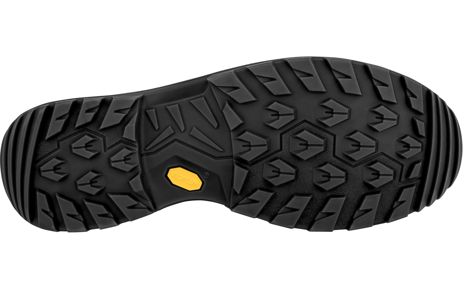 Semelle de chaussure noire avec motif cranté et insert jaune au centre sur fond blanc