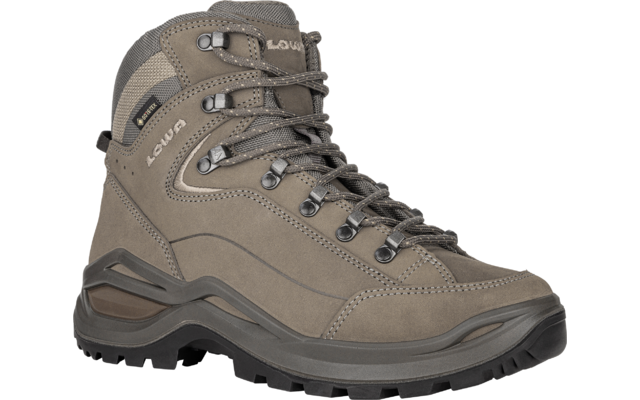 Chaussure de randonnée gris-brun à lacets, œillets métalliques, semelle crantée, logo "LOWA" et label "GORE-TEX"