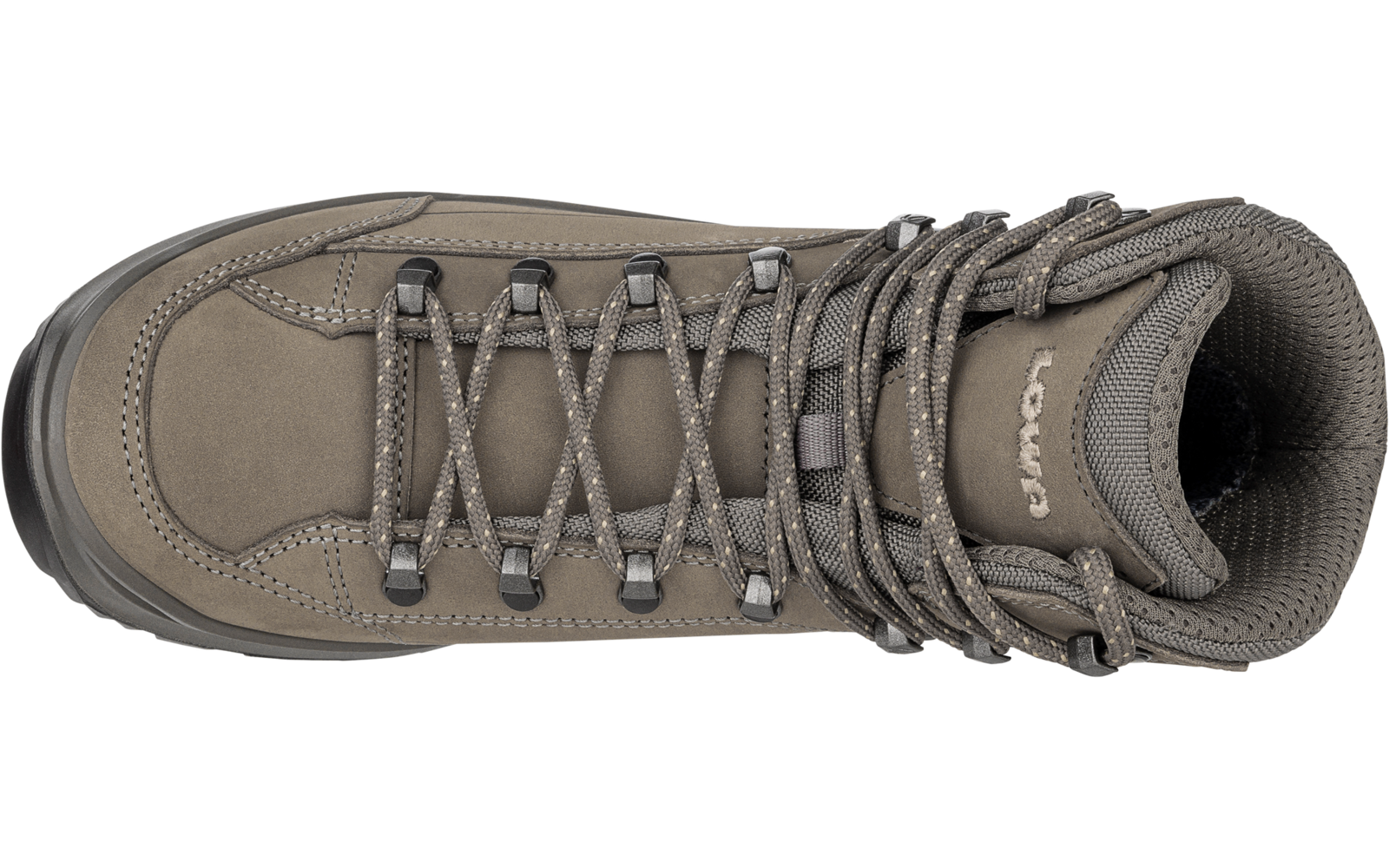 Une chaussure gris-brun vue de dessus avec des lacets, des œillets métalliques, une tige rembourrée et un logo visible sur la languette