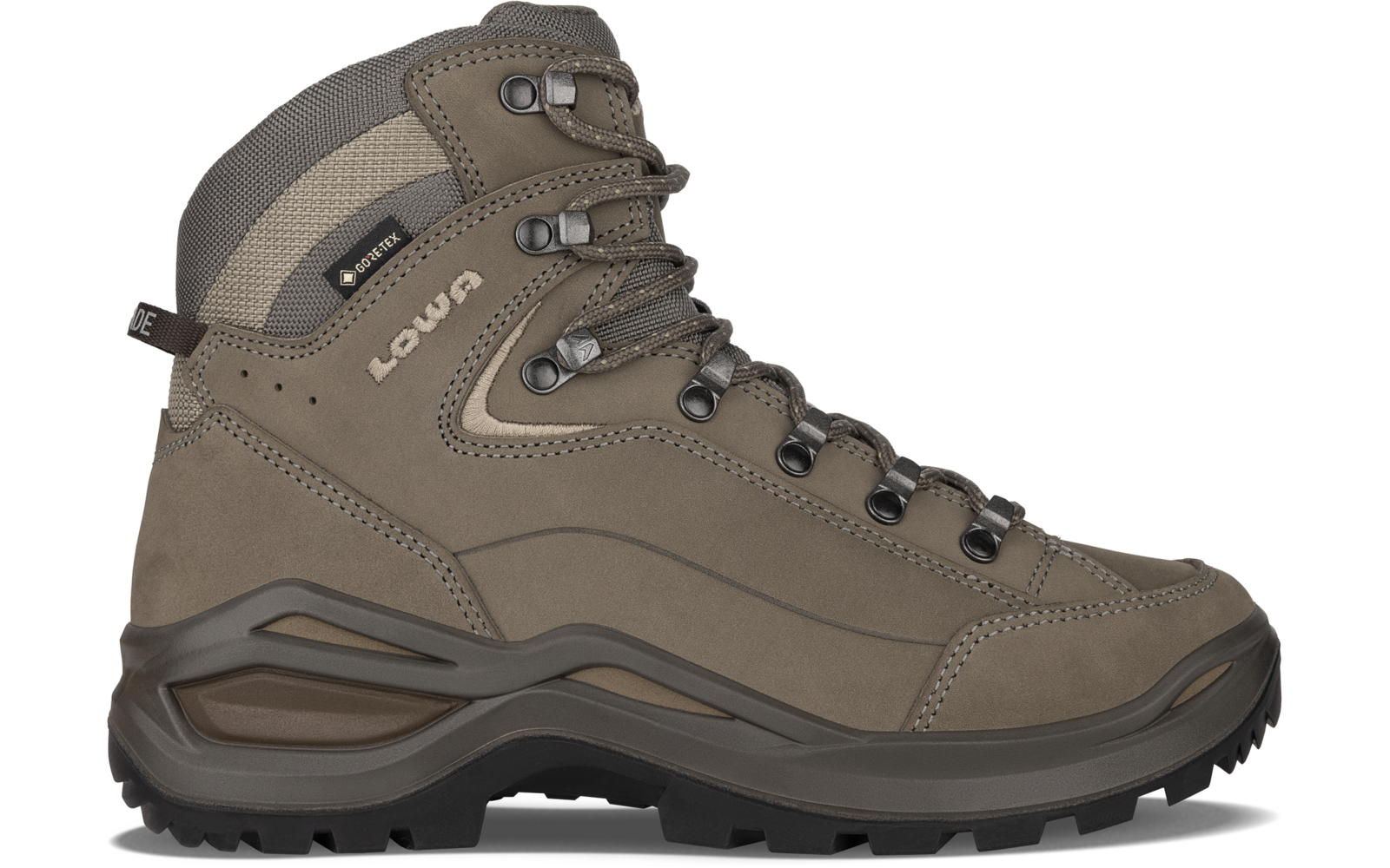 Botte de randonnée marron montant à la cheville avec lacets, œillets métalliques, semelle crantée et logo LOWA visible, vue de profil
