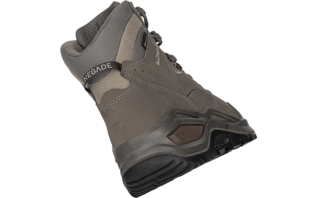 Bottine grise en vue arrière latérale, avec lacets, tige rembourrée et semelle noire crantée