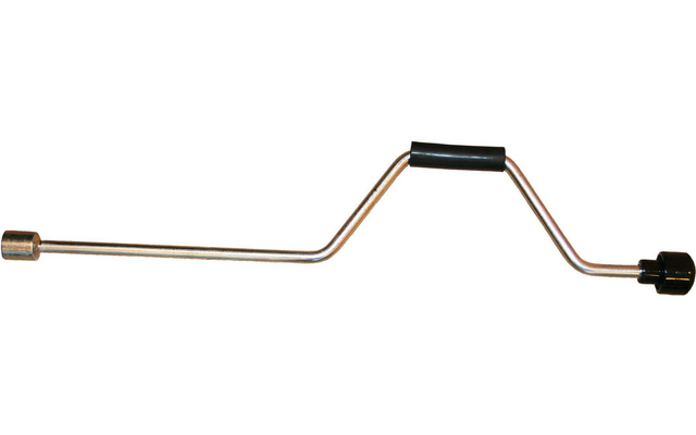 Zilverkleurige metalen staaf met twee knikken, zwarte greep in het midden, klein metalen opzetstuk aan de linkerzijde en zwarte kunststofknop aan de rechterzijde