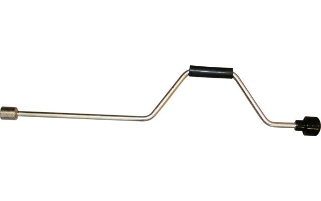 Silberne Metallstange mit zwei Knicken, schwarzer Griff in der Mitte, kleiner metallischer Aufsatz am linken Ende und schwarzer Kunststoffknopf am rechten Ende