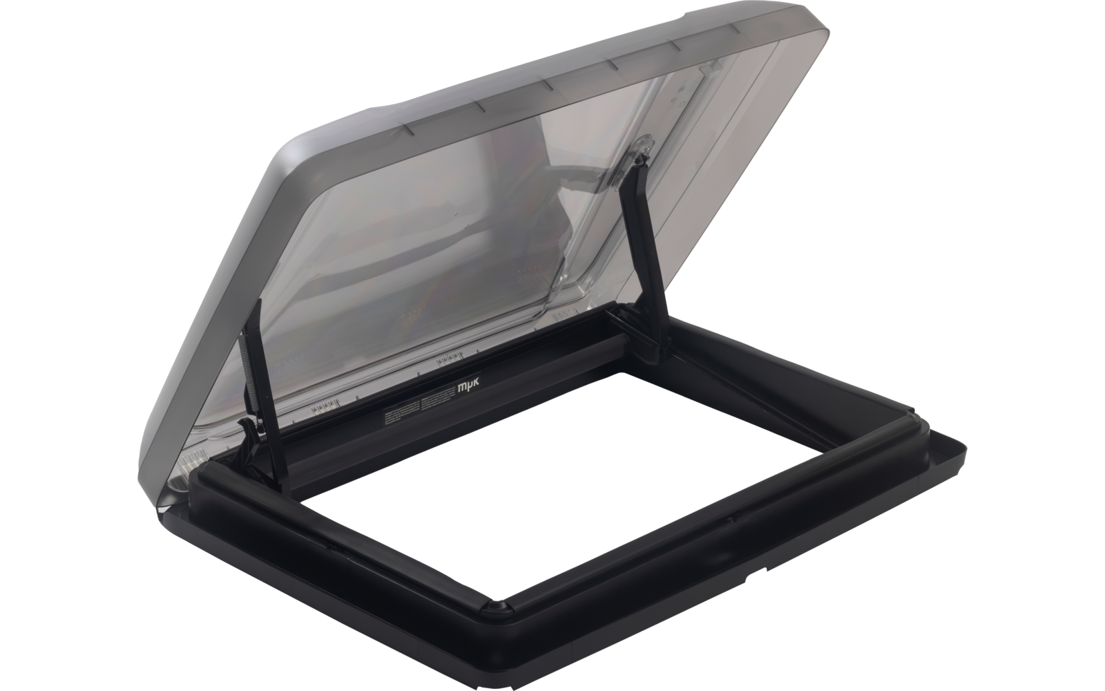 Cadre rectangulaire noir en plastique ouvert avec une trappe transparente relevée et deux bras de support noirs sur les côtés