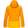 Rückenansicht einer orange-gelben Jacke mit Kapuze, langen Ärmeln, hellerem unteren Bereich und kleinem dreieckigen Logo am oberen Rücken