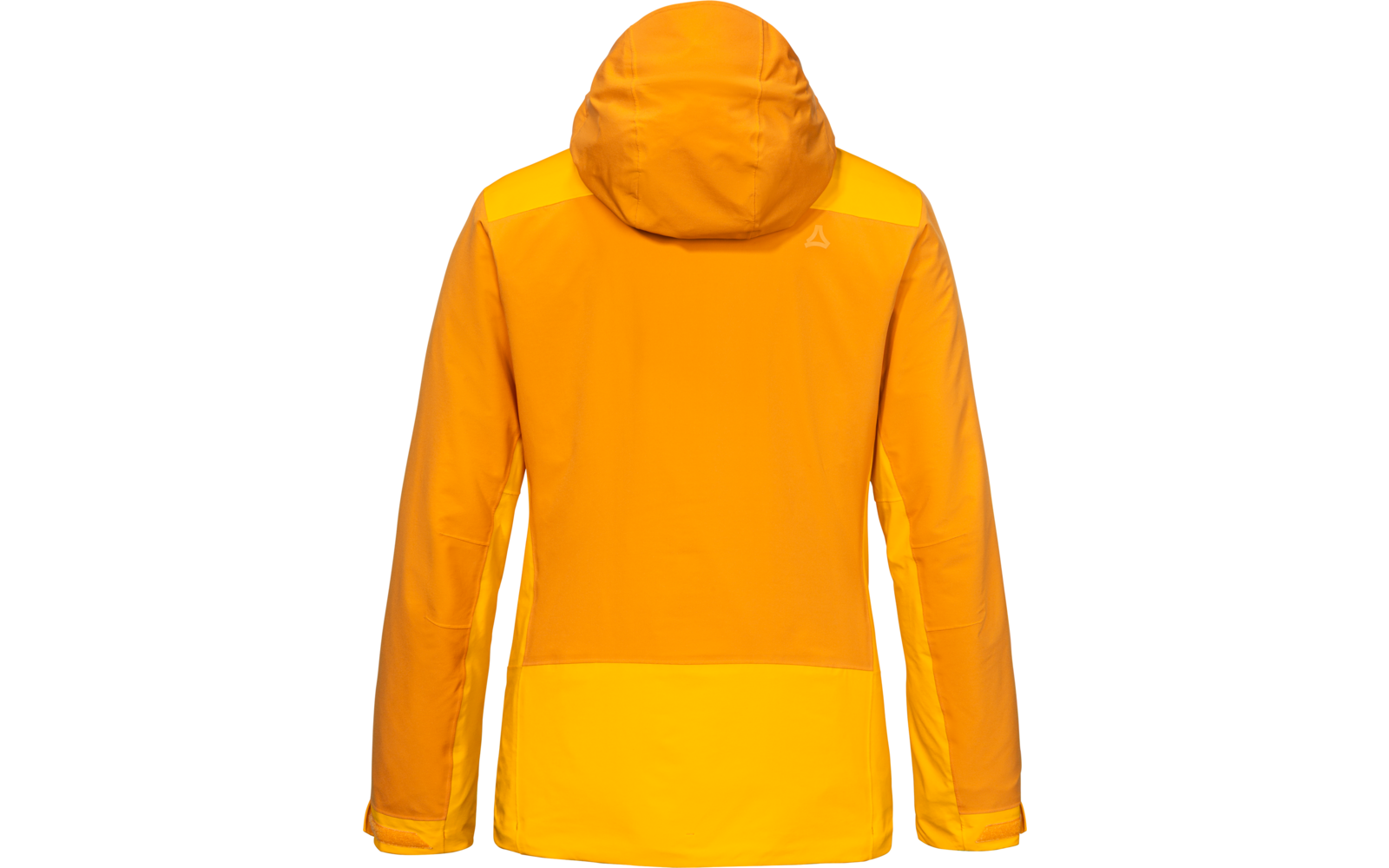 Rückenansicht einer orange-gelben Jacke mit Kapuze, langen Ärmeln, hellerem unteren Bereich und kleinem dreieckigen Logo am oberen Rücken