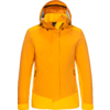 Leuchtend gelb-orange Jacke mit Kapuze, Frontansicht, verdeckter Reißverschluss, seitliche Reißverschlusstaschen, graues Innenfutter in der Kapuze, schwarze Kordeln