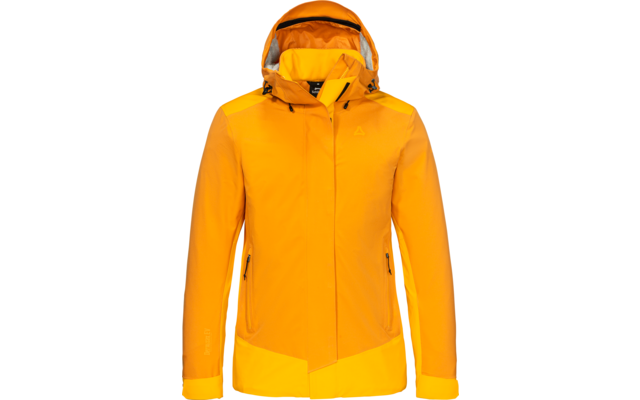 Leuchtend gelb-orange Jacke mit Kapuze, Frontansicht, verdeckter Reißverschluss, seitliche Reißverschlusstaschen, graues Innenfutter in der Kapuze, schwarze Kordeln