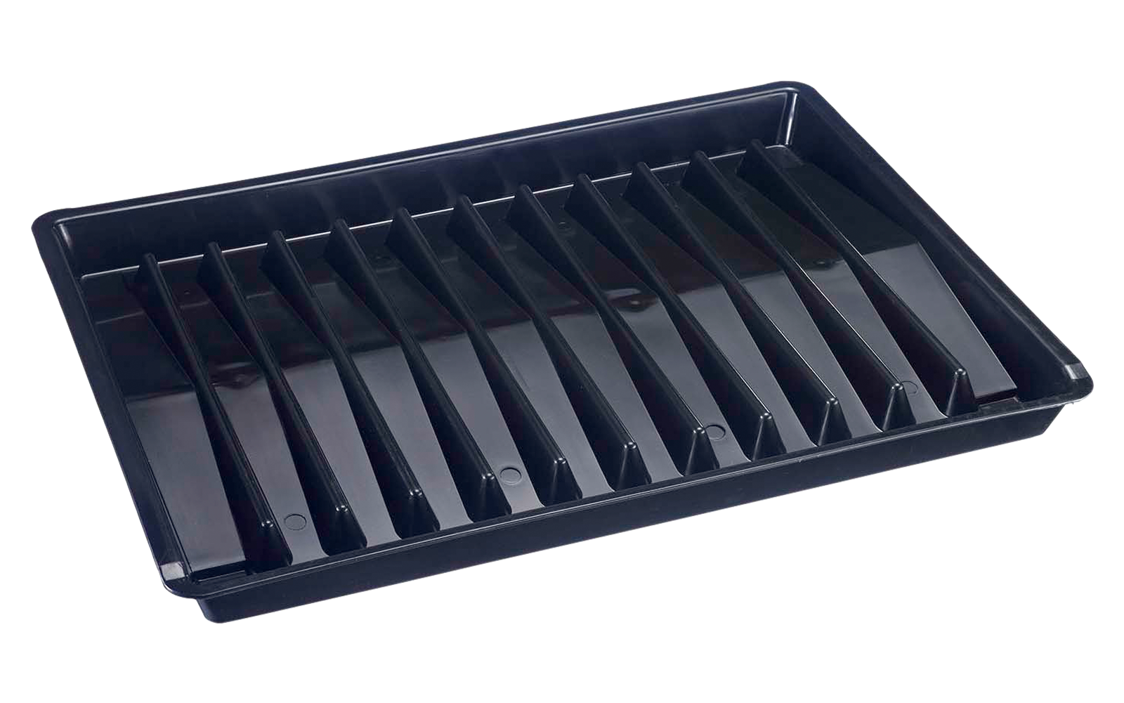 Plateau rectangulaire en plastique noir avec des cloisons parallèles formant plusieurs compartiments longs et étroits