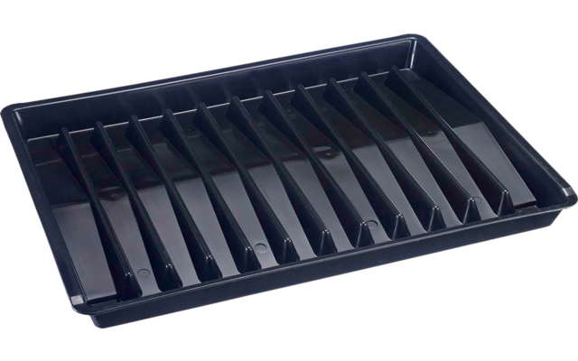 Plateau rectangulaire en plastique noir avec des cloisons parallèles formant plusieurs compartiments longs et étroits