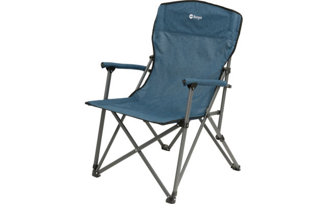 Blauer Klappstuhl aus Metall und Stoff in geöffneter Position