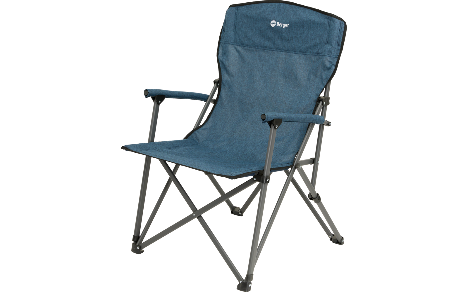 Blauer Klappstuhl aus Metall und Stoff in geöffneter Position