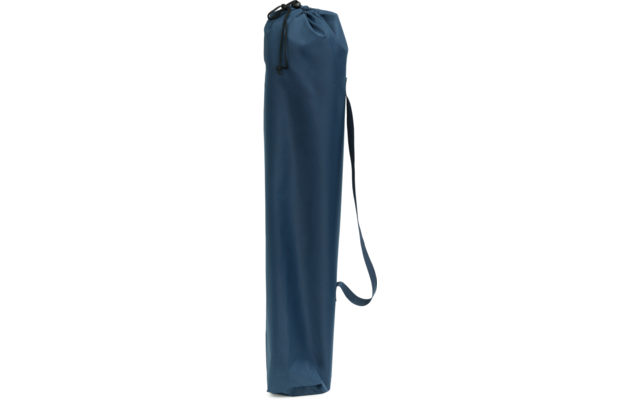 Blauer, länglicher Stoffbeutel mit Griff oben und Tragegurt an der Seite