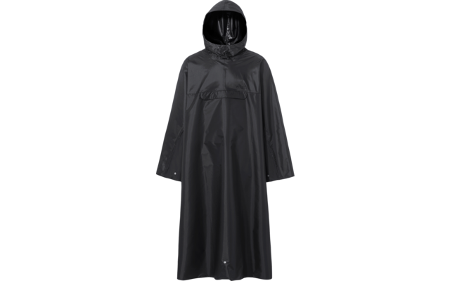 Schwarzes, langes Kleidungsstück mit Kapuze, glänzendes Material, vorn mittige Tasche mit Klappe, lange Ärmel