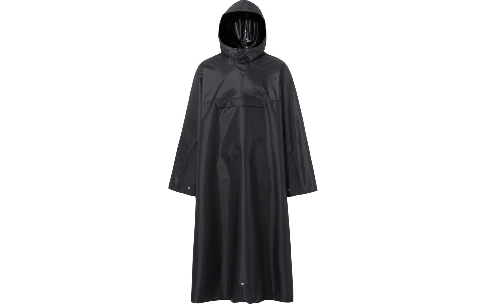 Schwarzes, langes Kleidungsstück mit Kapuze, glänzendes Material, vorn mittige Tasche mit Klappe, lange Ärmel