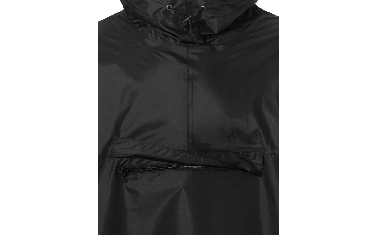 Schwarzes Kleidungsstück mit Kapuze, Kordelzug, mittiger Naht und waagerechter Brusttasche mit Reißverschluss