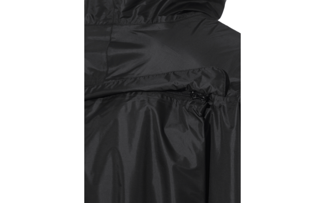 Schwarze Jacke mit Kapuze, Rückenbereich mit horizontalem Reißverschluss, glänzender Stoff