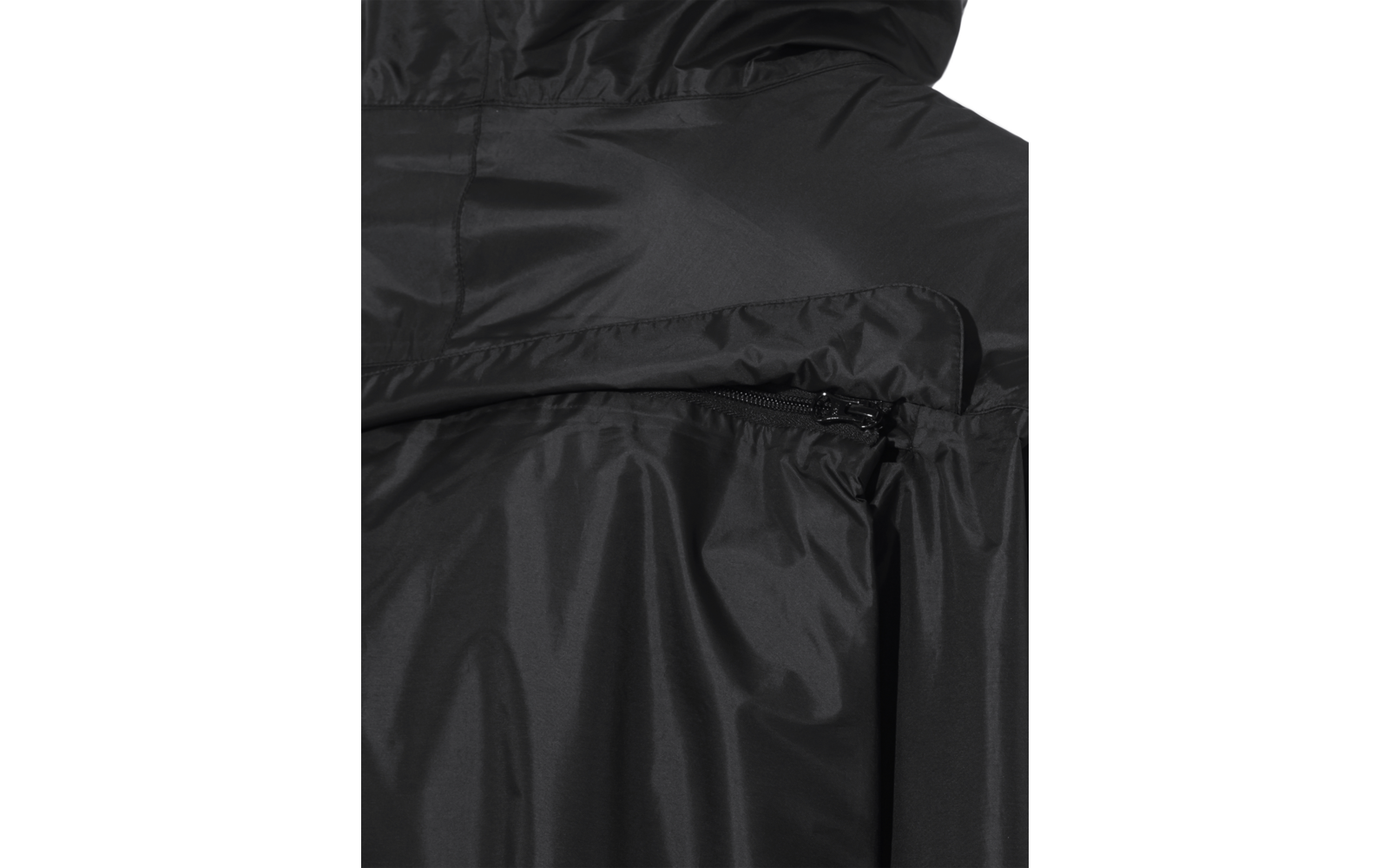 Schwarze Jacke mit Kapuze, Rückenbereich mit horizontalem Reißverschluss, glänzender Stoff